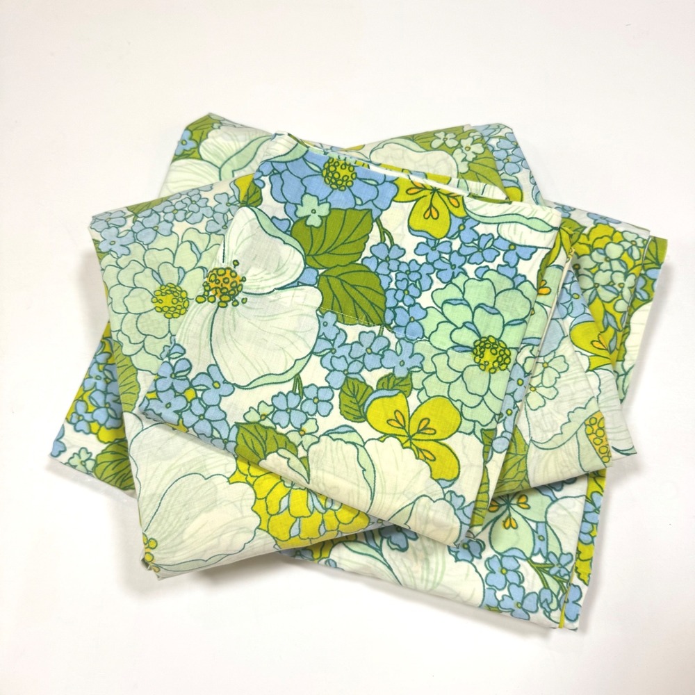 Vintage 70's Fieldcrest Perfection Twin Sheet Set 3 Pc Retro Blue Green Floral